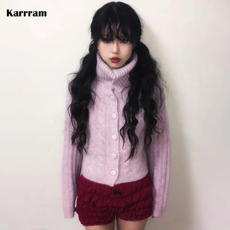 

Karrram Japanese Y2k Turtleneck Cardigans Vintage Korean Style Knitted Sweater 2000s Aesthetics Pink Winter Knitwear Harajuku