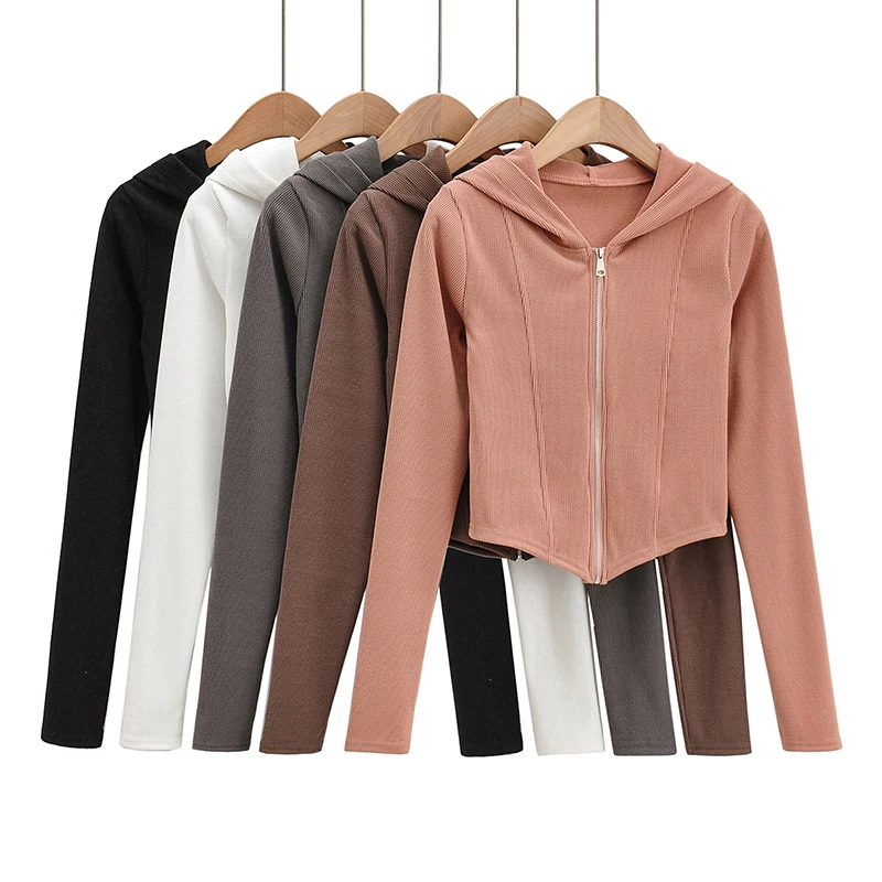 Spring 2022 womens fashion hoodies women zipper up sweatshirts hooded sweetshirts cute long sleeve crop top sexy ribbed