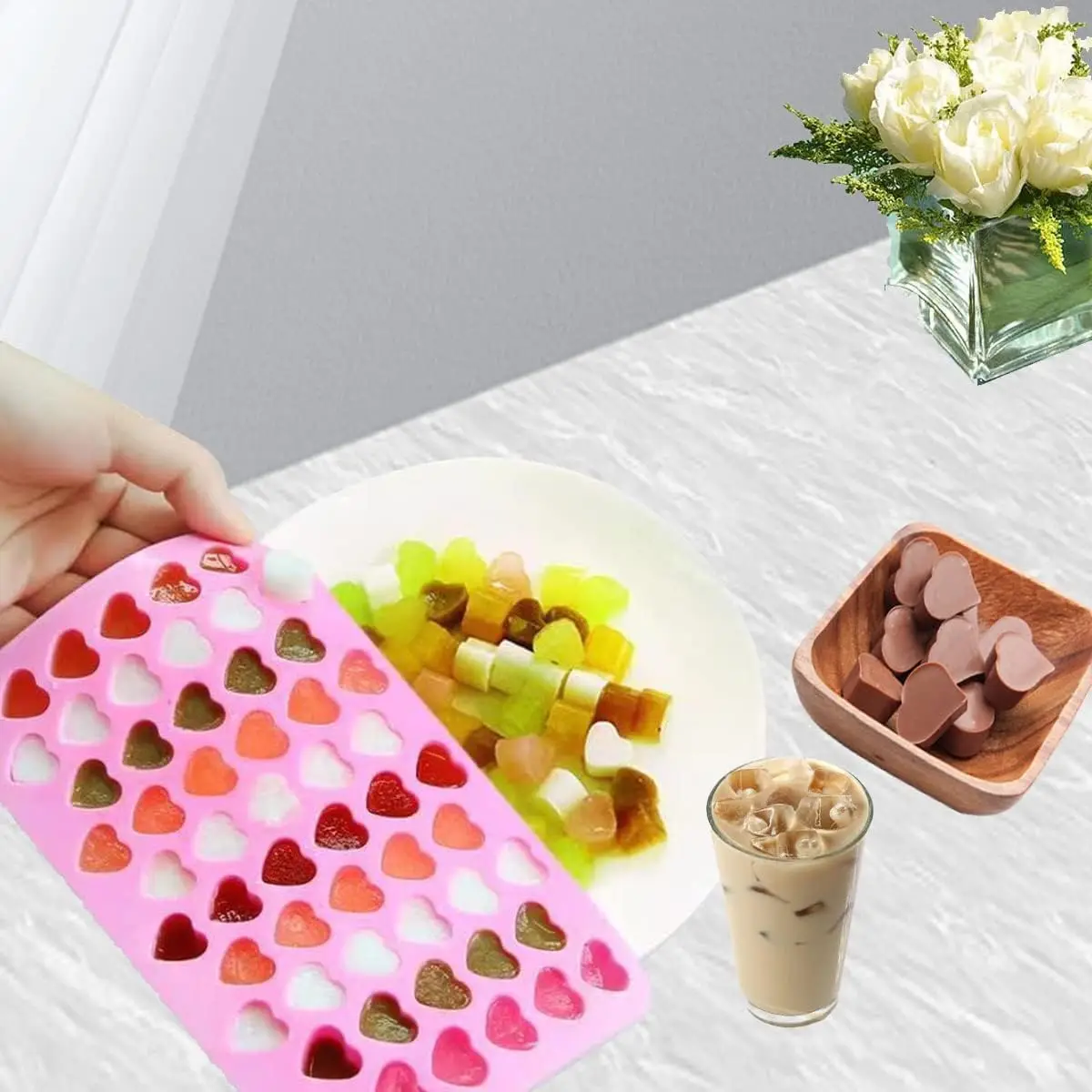 1/2 Pcs Mini Heart Silicone Molds 55-cavity Chocolate Candy Cake Ice Cube Trays Food-grade Silicone Molds with 1 Droppers Ice