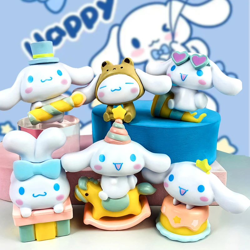 6pcs Cinnamoroll Sanrio Anime Figures Cinnamon Cake Party Series Kawaii Model Doll Collection Toys Ornament Kids Birthday Gifts