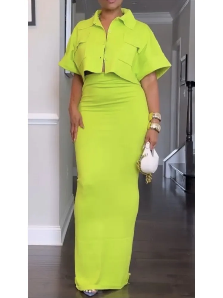 

Модные однотонные комплекты одежды для женщин, элегантные топы с короткими рукавами + длинная юбка на бедрах, комплект из двух предметов, женская летняя женская одежда