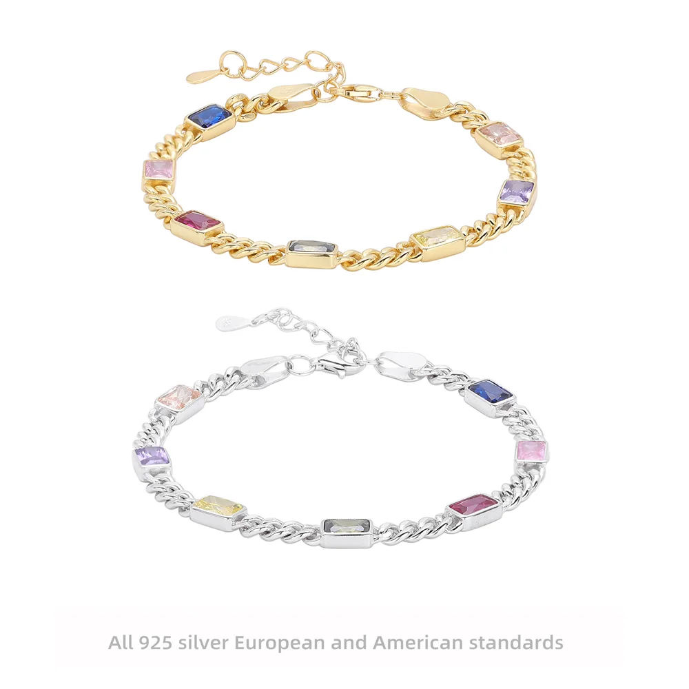 

Корейский серебряный женский браслет S925, красочная боковая цепочка с квадратным камнем, шикарные и универсальные украшения