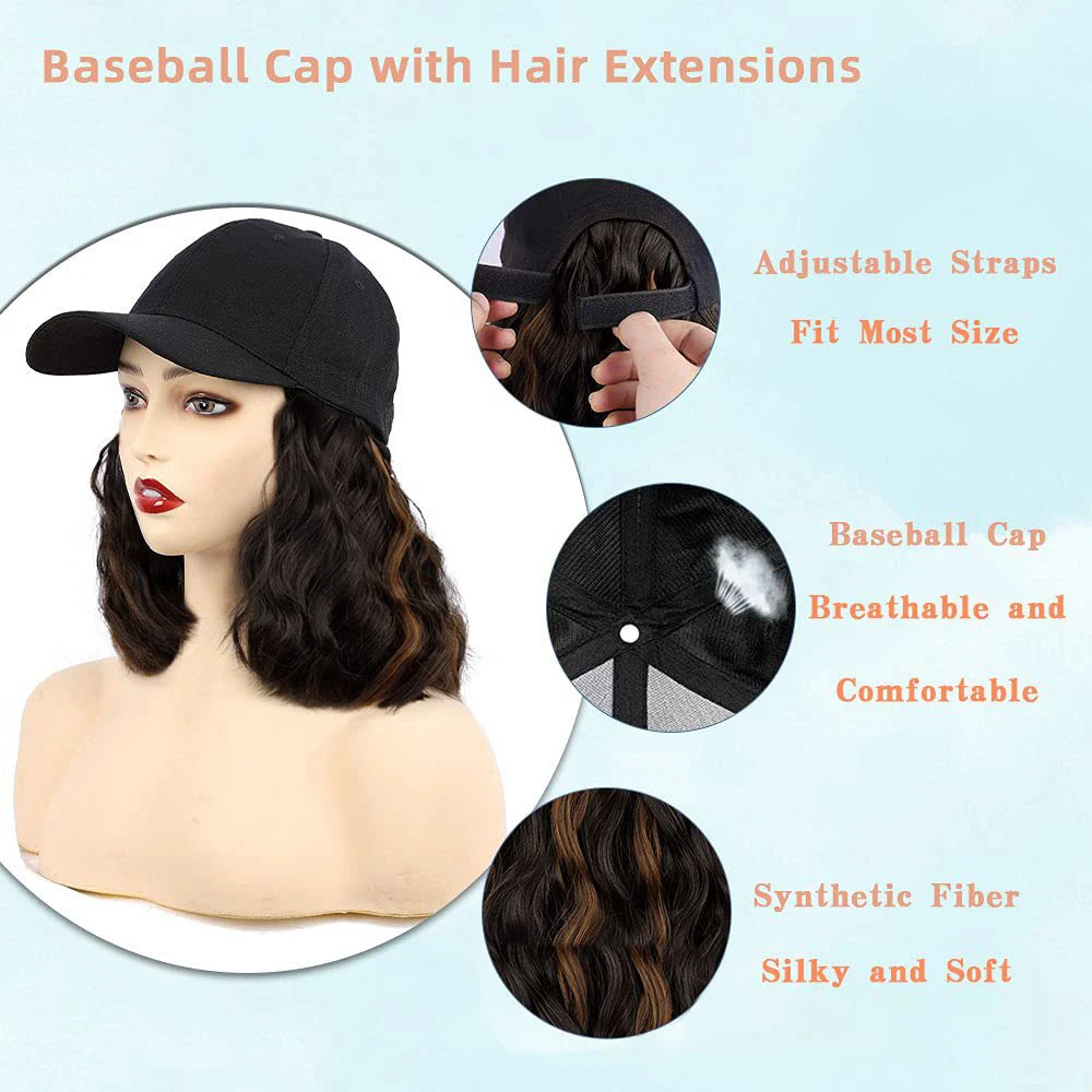 Adjustable Short Wavy Bob Hat Sythetic Wig For Women Hair Extensions Baseball Cap  High Temperature Fiber Water Wave Wig