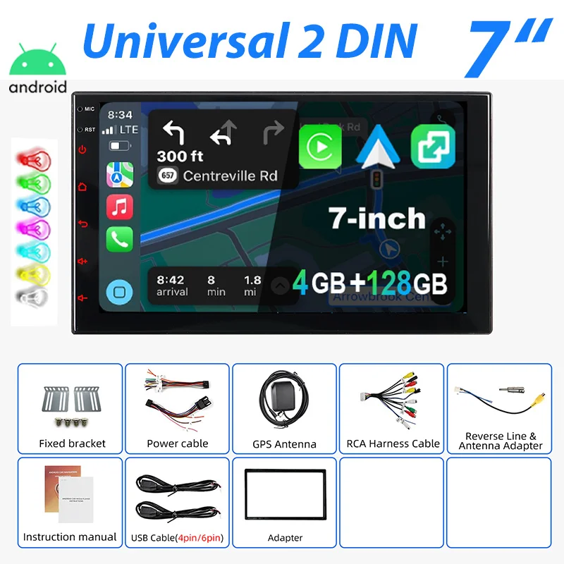 Universeel Autoradio ESSGOO Android 15 7"/9"/10" 4+128 GB 2 DIN Draadloze CarPlay Android Auto GPS Navigatie RDS FM Bluetooth 7 Kleuren ASP-scherm Mirror Link Aanraakscherm Stuurwielbediening