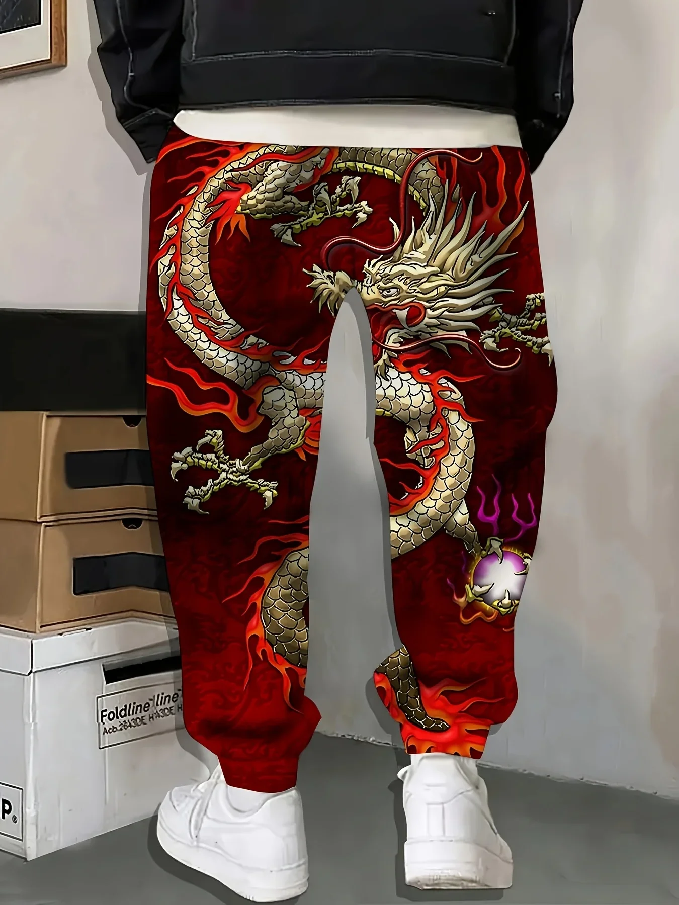 Men Chinese Dragon Flame 3D Print Jogger Pants Polyester Drawstring Elastic Waist Casual Streetwear Sweatpants With Pockets
