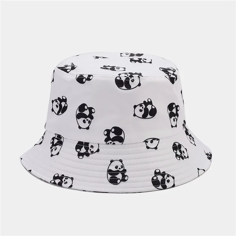 Summer Polyester Cartoon panda Print Bucket Hat Fisherman Hat Outdoor Travel Sun Cap for Men and  Women 08