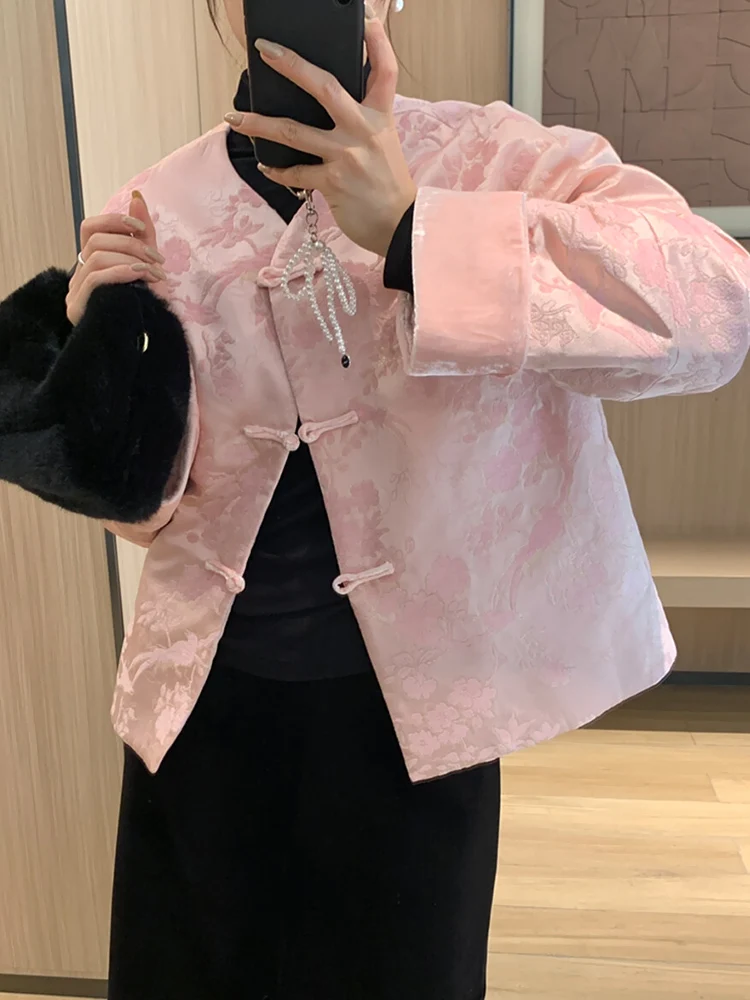 

Новая зимняя женская куртка в китайском национальном стиле с розовой вышивкой, 90% гусиный пух, высококачественная, улучшенная теплосберегающая, в стиле Тан.