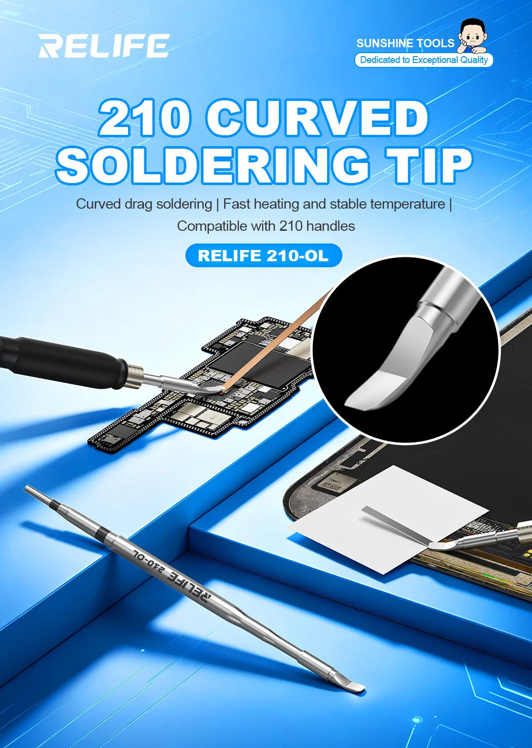 RELIFE 210-OL Micro Flat Soldering Tip 3D Curved Surface for Board FPC Multi Pin Cable Desoldering Compatible with 210 Handle