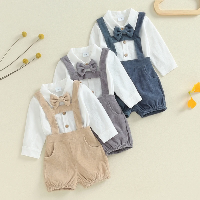 

Baby Boy Gentleman Outfit Solid Color Long Sleeve Lapel Neck Romper Corduroy Suspender Shorts Bow Tie 3 Pcs Set Toddler Clothes