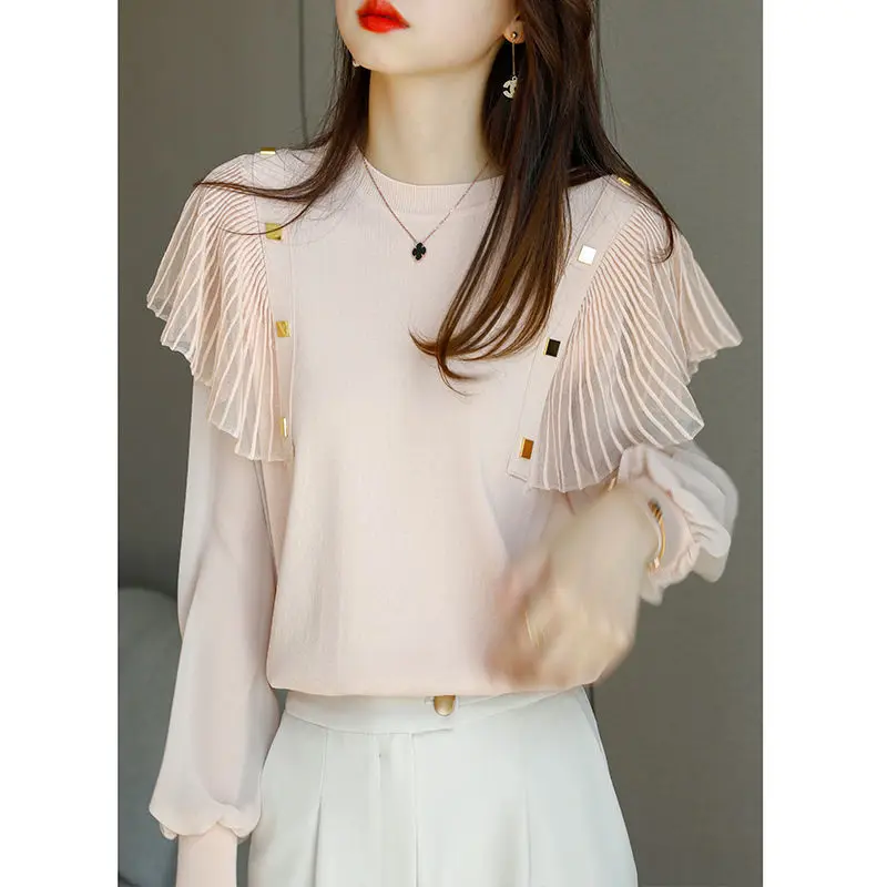 Elegant Korean Ruffles Spliced Round Neck Tops Women\'s Clothing Fashion All-match Long Sleeve Solid Color T-shirt for Female