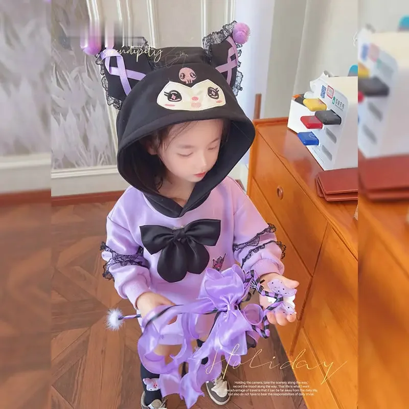 Kawaii Anime Sanrioed Cinnamoroll Kuromi Kids Fashion Dress Girls Cartoon Hooded Sweater Dress Fleece Warm Children's Clothes