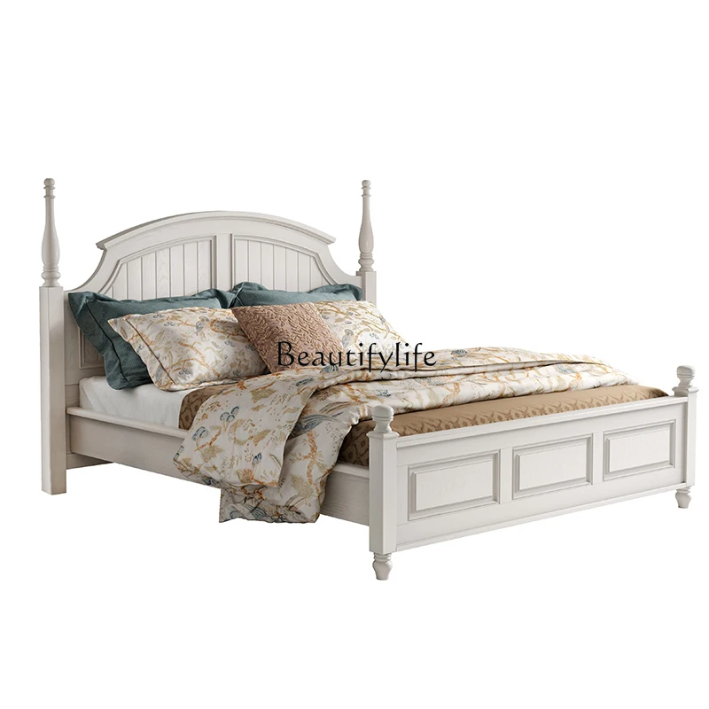 

American-style Solid Wood Country Master Bedroom Light Luxury Vintage White Storage High Box Bed