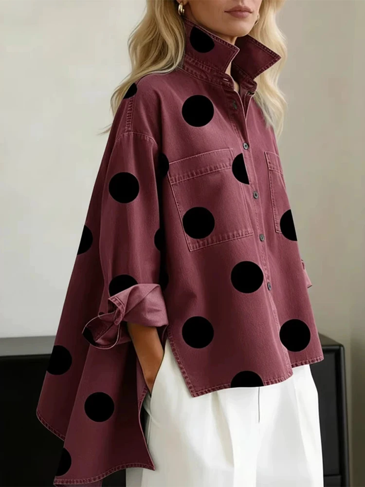 

2026 Women's Casual Long Sleeve Loose Denim Tops Elegant Hight Street Draped Split Blouses Fashion Big Polka Dot Commute Shirts