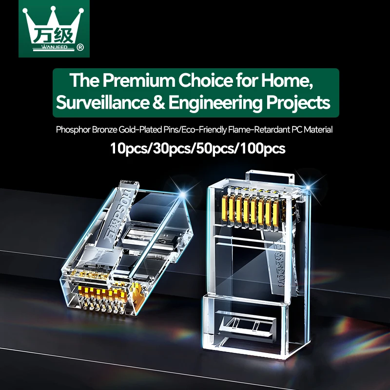 WANJEED RJ45 Cat6 Connector, 3/15/50μ Gold-Plated 8P8C Unshielded Ethernet Cable Crimp Plugs, 0.35mm Trident Phosphor Bronze