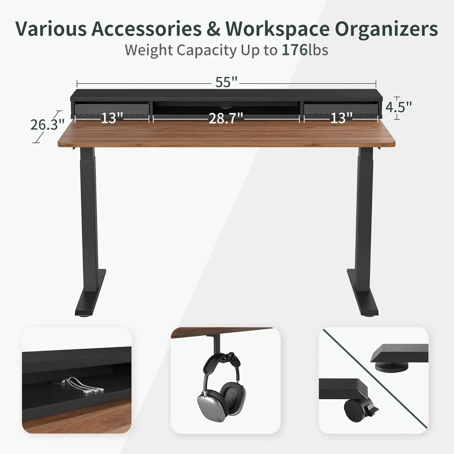 Height Adjustable Electric Standing Desk with Double Drawers, Stand Up Desk with LED Strips, Sit Stand Desk with Monitor Stand