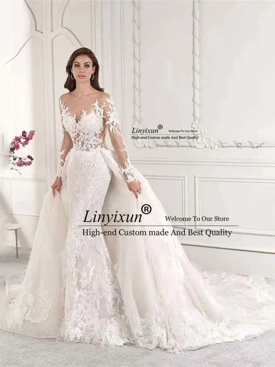 Romatic Lace Mermaid Wedding Dresses With Appliques Full Sleeves Bridal Gown See Through Detchable Train Vestidos De Novia