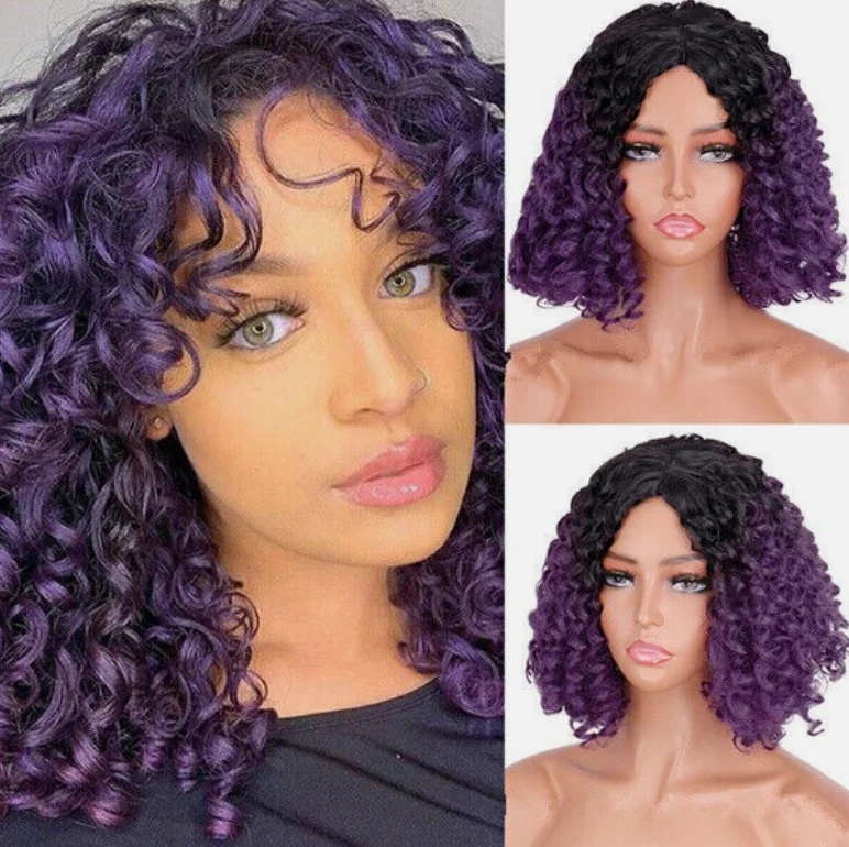 Curto afro kinky encaracolado perucas de cabelo sintético ombre azul festa perucas cosplay