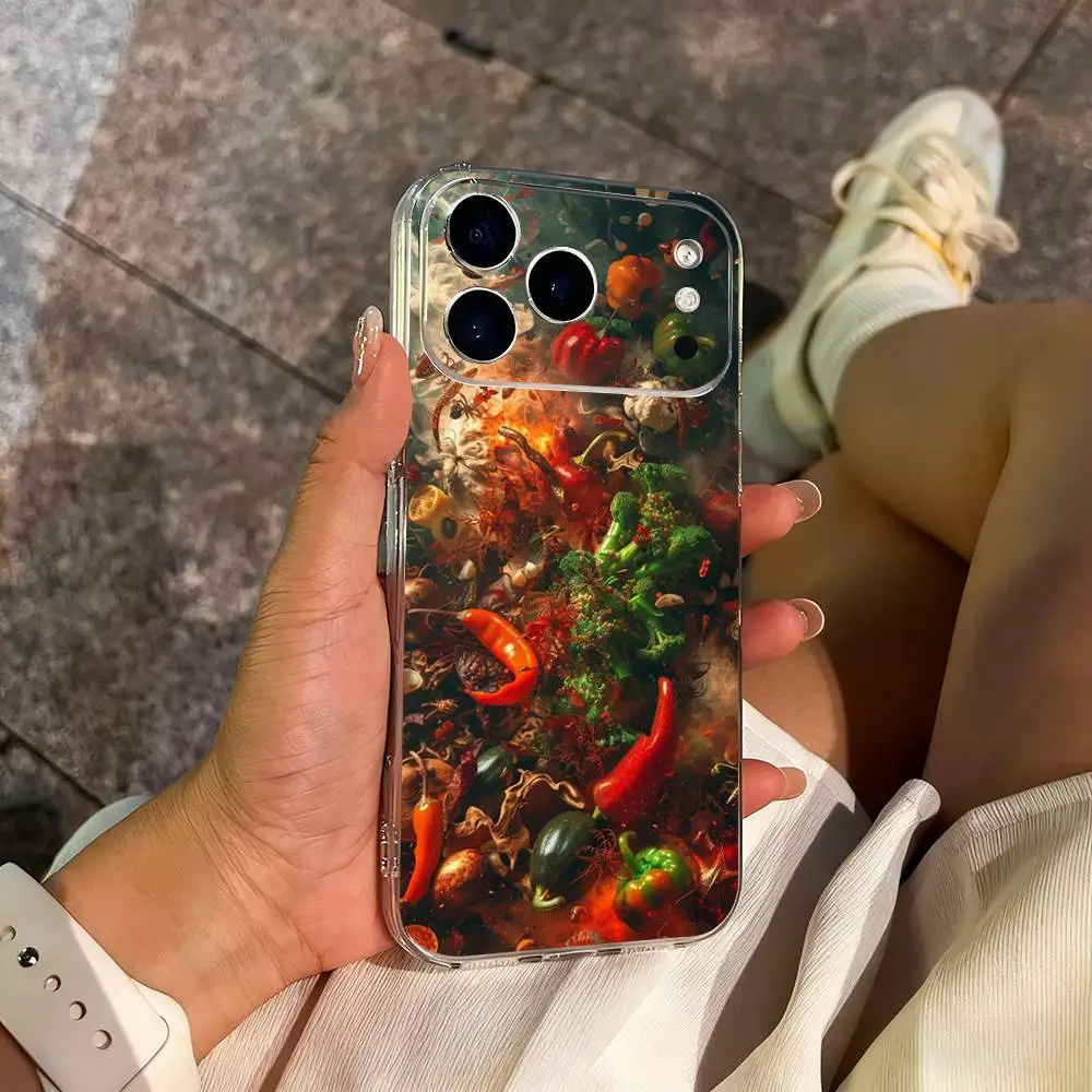 Custodia per telefono Flaming Chili Art per iPhone 14,13,12,11,17,16,15,Pro,Max,Plus,X,XS,XR,SE,Mini Cover morbida trasparente