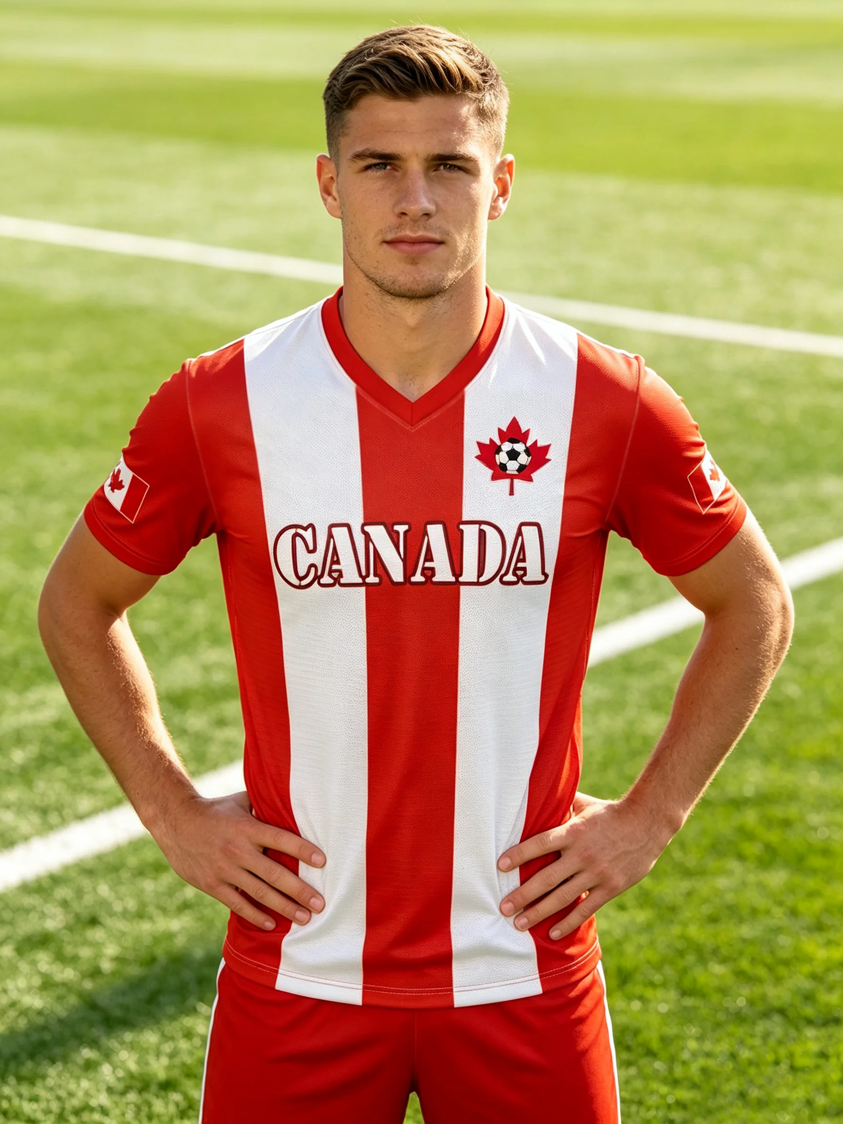 2026 Canada soccer jersey with classic red‑white vertical stripes, maple‑leaf logo, quick‑dry sweat‑wicking fabric