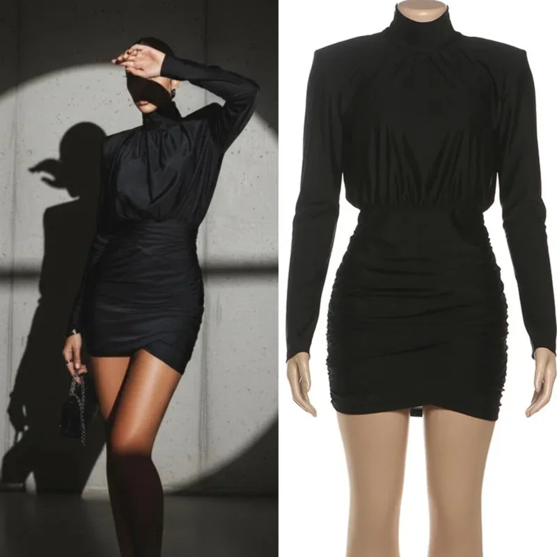 

Elegant Women's High Neck Long Sleeve Bodycon Mini Dress Slim Fit Solid Color Fashion Outfit Party Club Evening Streetwear Style