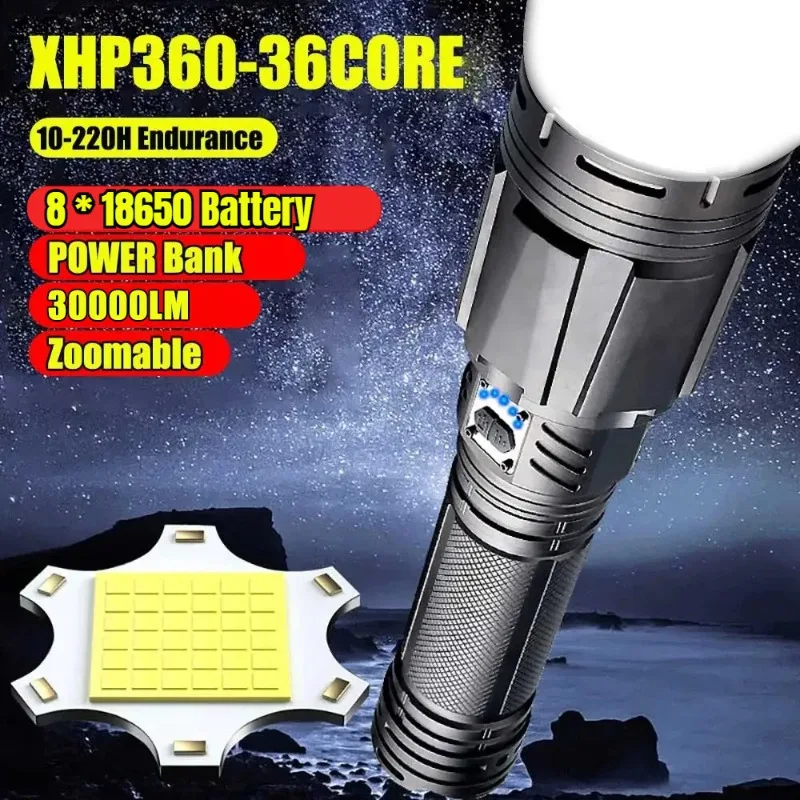 

New 15000LM High Power LED Flashlight Power Bank Rechargeable Dual-switch Control Zoom Lantern Outdoor Camping Tactical Torch