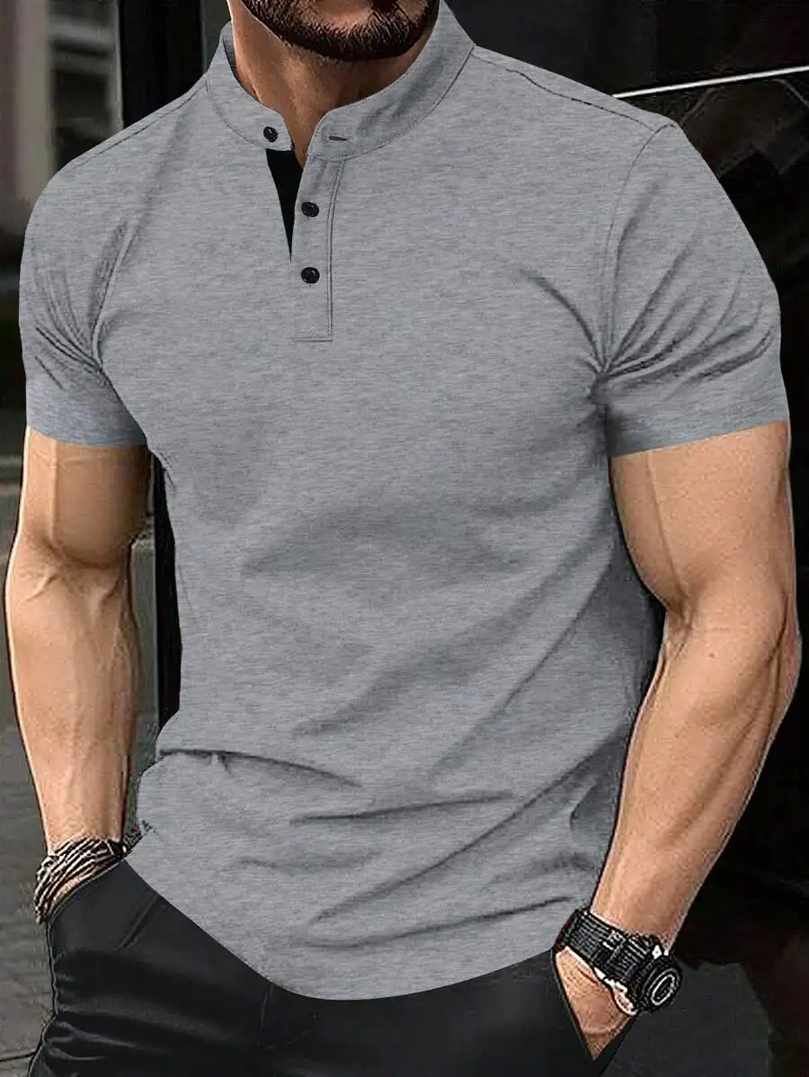 

Men's Gray Solid Stand Collar Short Sleeve Casual Polo Shirt for Summer