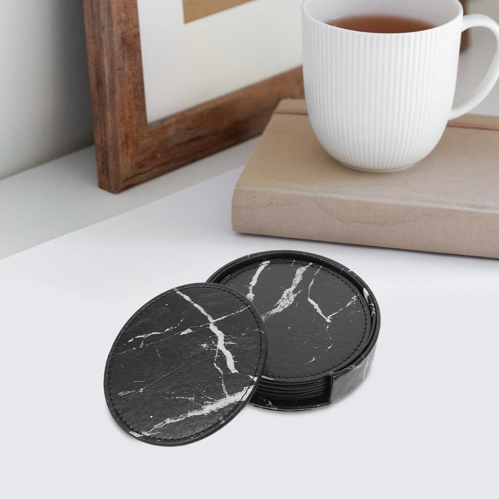 

Round PU Coasters Set 6 Pieces Dining Table Decor Heat Insulation Non Slip Drink Coasters Coffee Table Home Office Bar