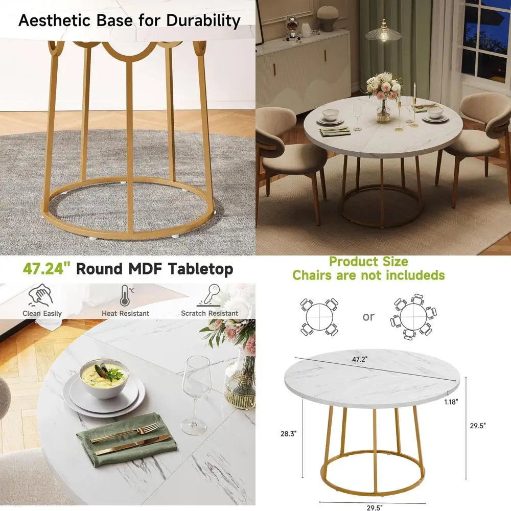 

47.24 Wooden & Marble Round Dining Table with Gold Base for Home, Kitchen, Restaurant (White)