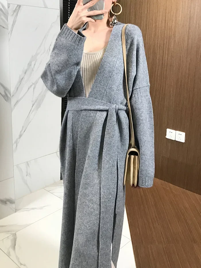 Oversize Women's Wool Long Sweater Vintage Cardigans Korean Fashion Long Sleeve Knitted With Belt