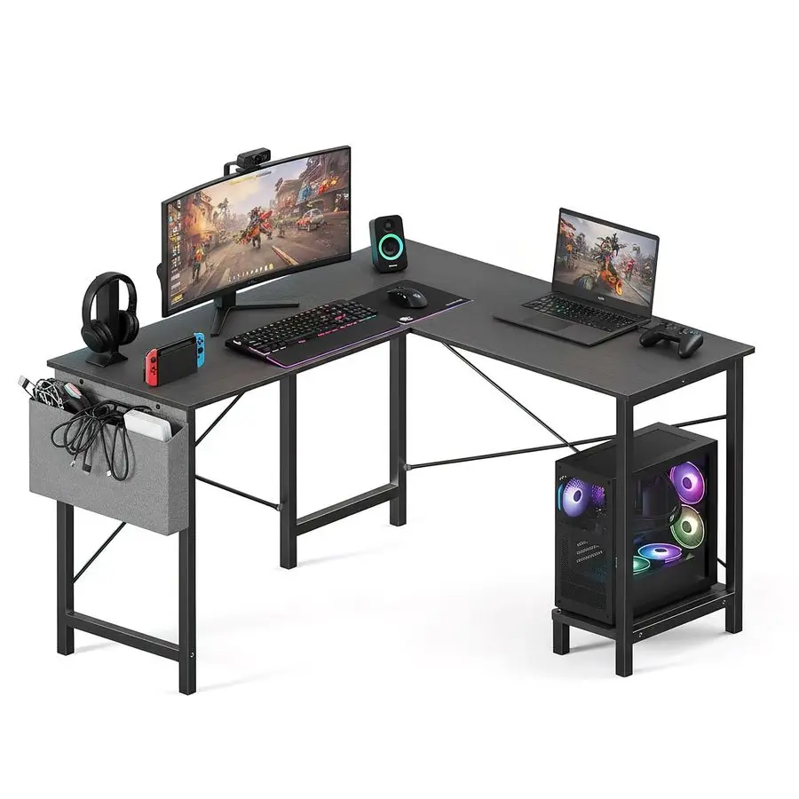 

L Shaped Desk, 50Inch Office Computer Gaming Desks Corner PC Table with Side Bag and Reversible Shelf for Home Work Study Writi