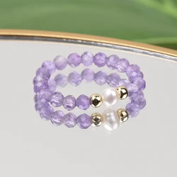 Natural Gemstone Fashion Rings Stone and Pearl Rings Stretchable Amethyst Aquamarine Natural Moonstone Garnet for Women Jewelry