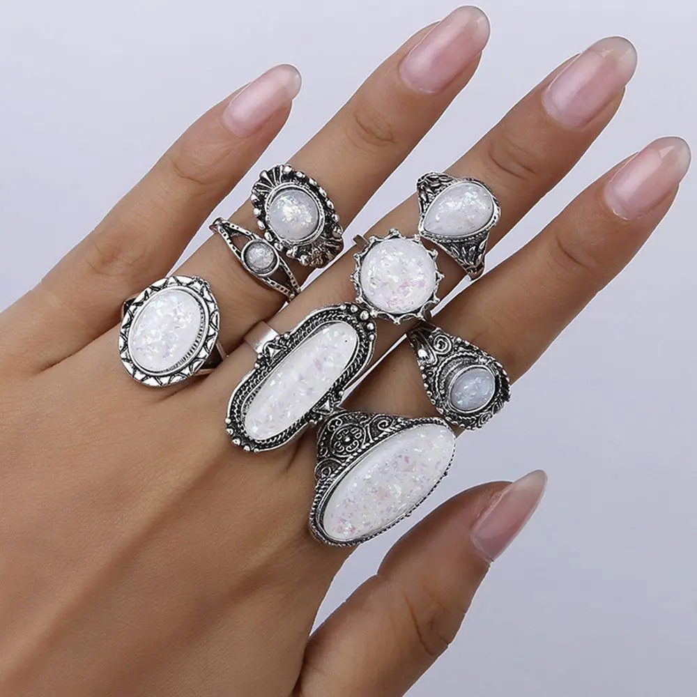 8 Pcs/set New Fashion Transparent White Opal Stone Carving Bohemian Jewelry Women Ring Sets Vintage Inset Joint Ring