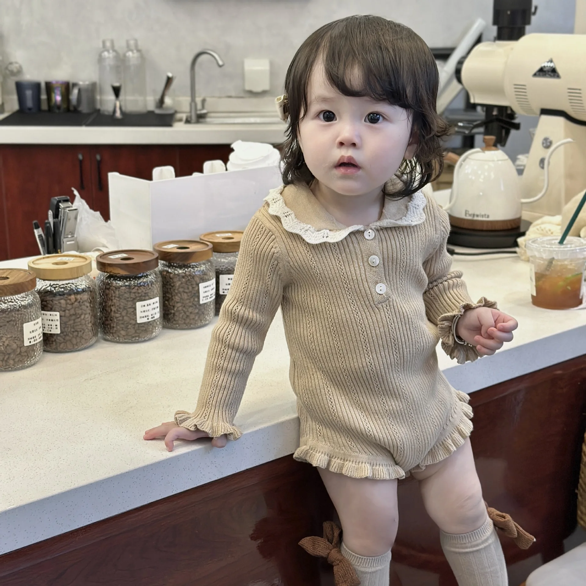 Baby Girl Ins Knitted One Piece Lapel Crawling Suit Girls Treasure Spring and Autumn Long Sleeved Contrasting Triangle Jacket