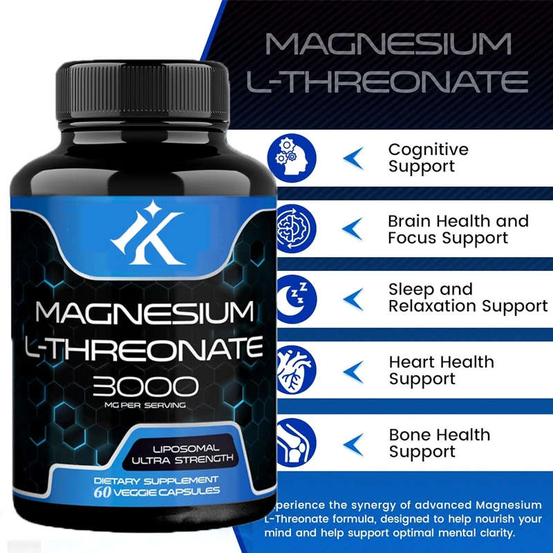 

L-Threonate Magnesium Capsules Highly Absorbent Magnesium Supplement Liposomes, Suitable for Brain, Energy, and Heart Health