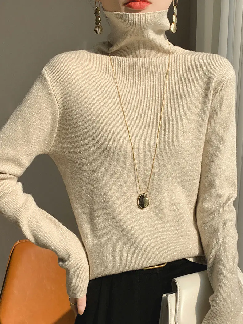 Gold and Silver Silk Base Shirt Women\'s Inner Top Popular High Neck Sweater Pile Neck Knit Sweater