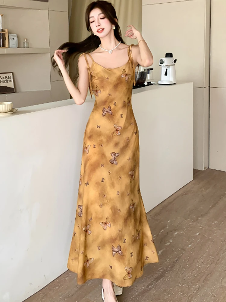 2024 New Fashion Print Chic Bow Sling Long Dress Summer Elegant and Pretty Holiday Dress Women Korean Bodycon Dance Party Dress