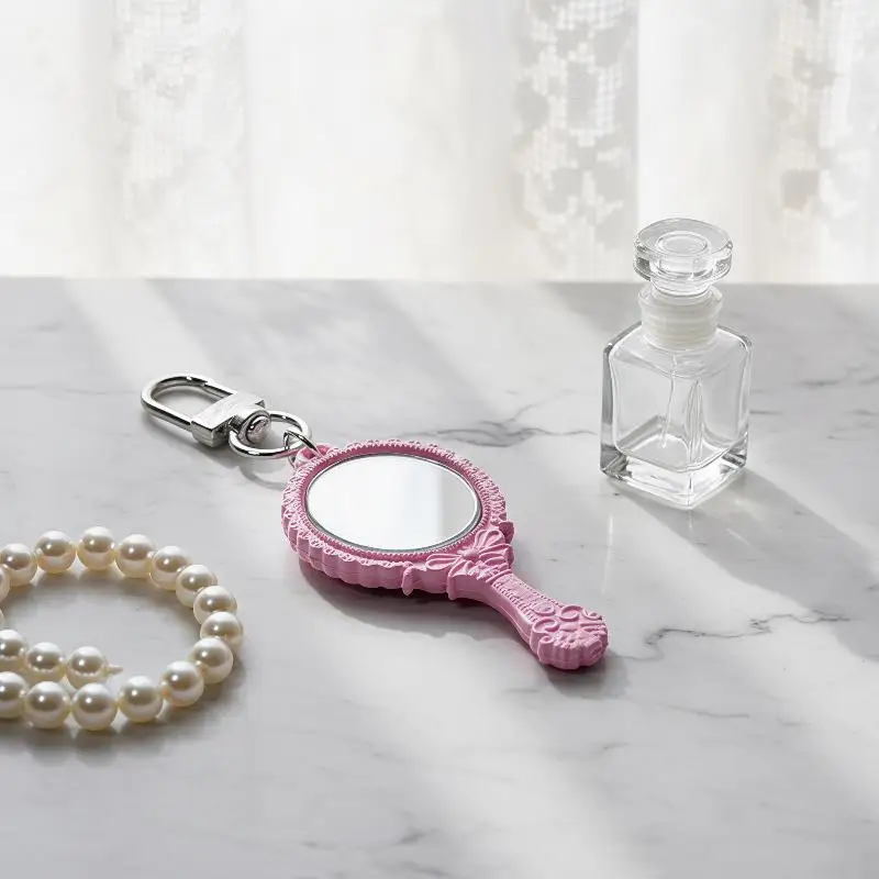 Retro Embossed Frame Mini Handheld Mirror Keychain Cute Portable Bag Charm for Car Key Ring Holiday Gift for Her