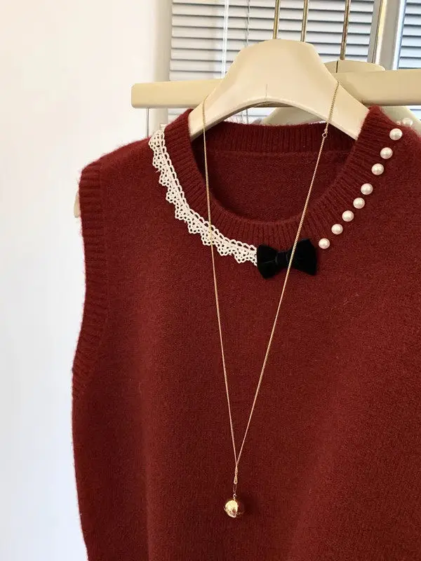 Sweet Soft Knitted Pearl Chain round Neck Vest Women's Spring New Style Top Layered Outerwear Shirt Girl's Loose Fit Regular ...