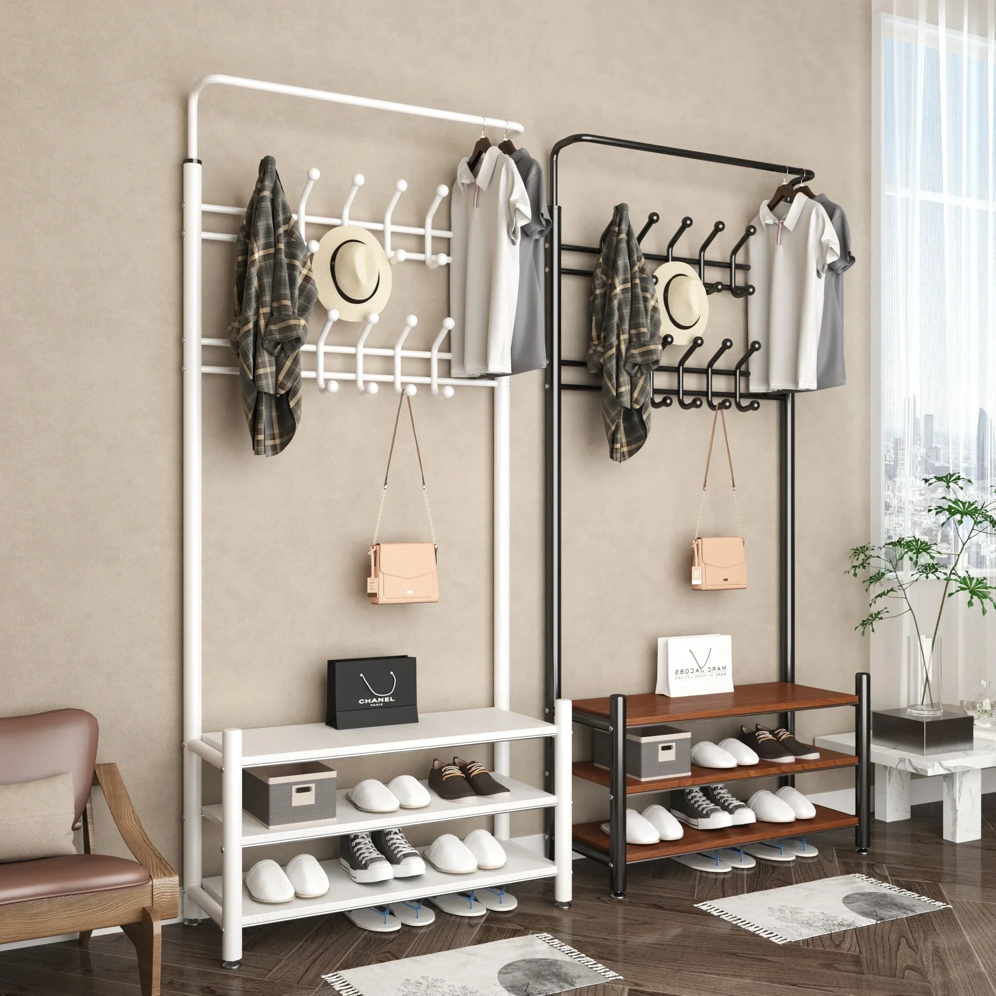 Indoor Floor Standing Shoe Cabinet With Hooks Multi-layer Stable Large Capacity Shoe Coat Rack Modern Minimalist Home Furniture