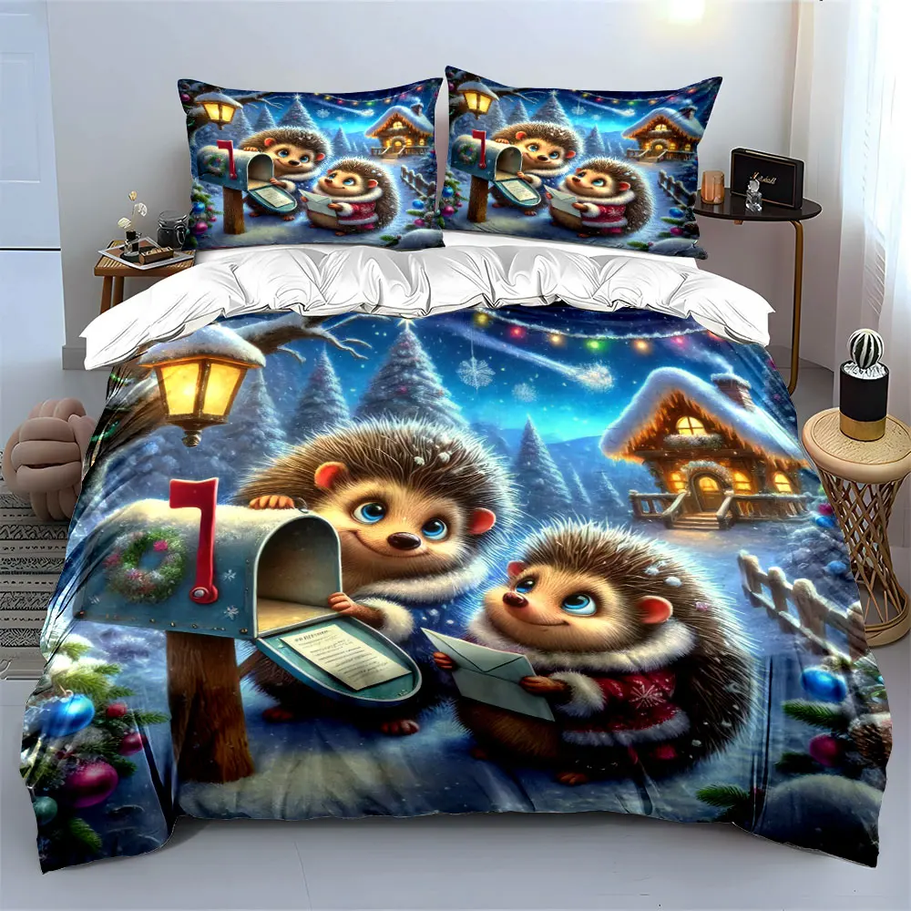 Warm winter night with two hedgehogs receiving mail Print Duvet Cover Bedding Set Included 1*Duvet Cover 2*Pillowcases