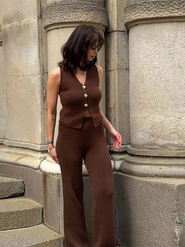 

Sexy V-neck Knitted Top Pant Set Women Fashion Solid Sleeveless Vest High Waist Straight Pants Suit Lady Summer Chic Casual Sets