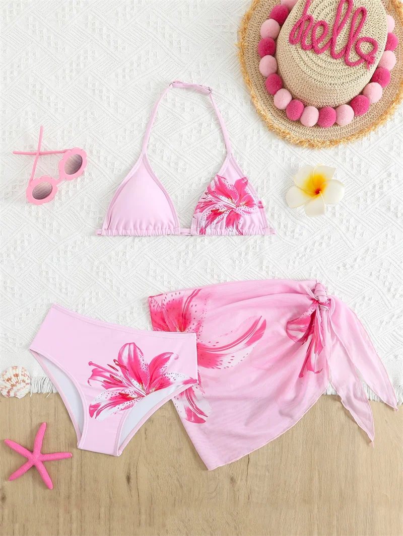 Girls Summer Swimwear Sets Kids Vacation Suspender Hanging Neck Tie Bikini Outfits Older Children Flower Print Swimsuit Slim Fit