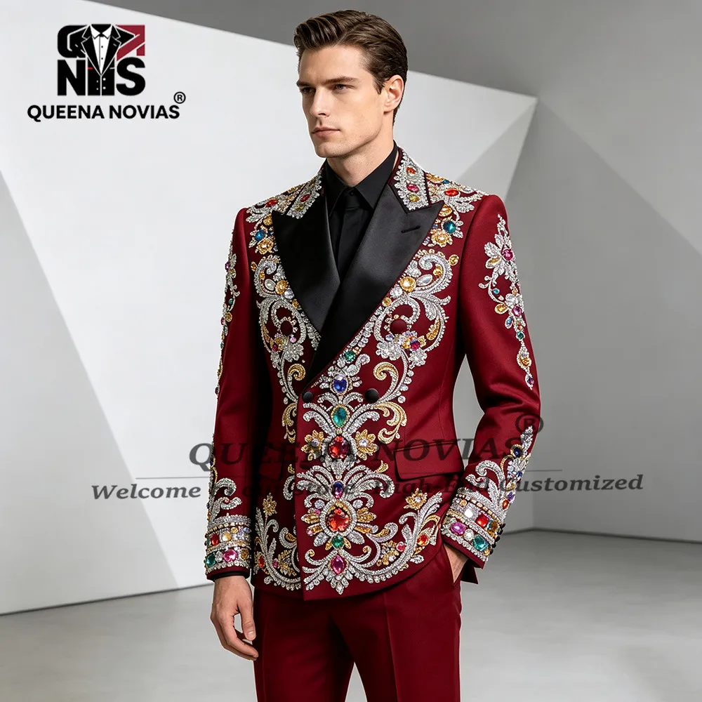 Exclusive Wedding Suit For Man Colorful Crystals Beading Stones Jacket Pants 2 Pieces Sets Double Breasted Men's Tuxedo Attires