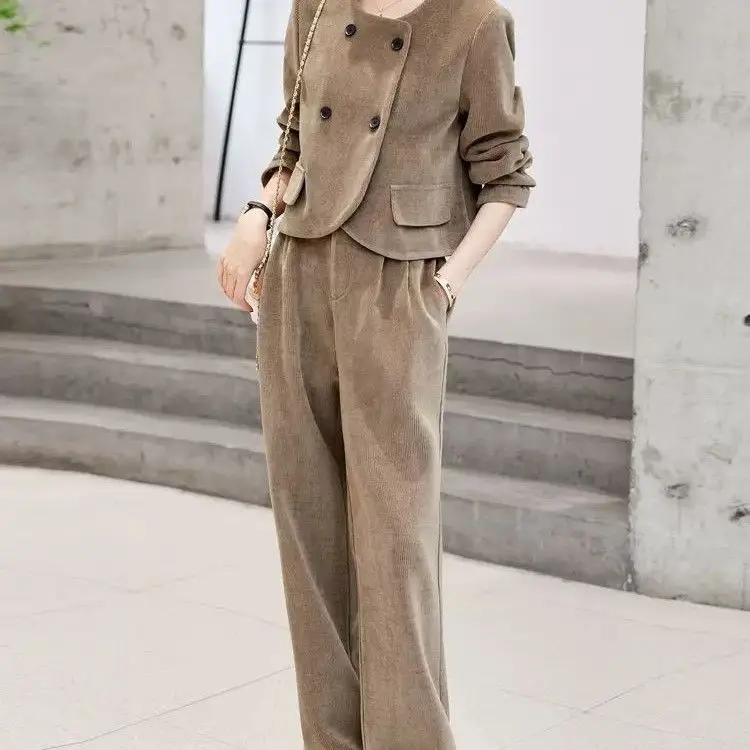 Woman's Winter British Style Short Woolen Coat Wide-leg Pants Set Retro Casual Round Neck Suit Blazer Trousers Two-piece Sets