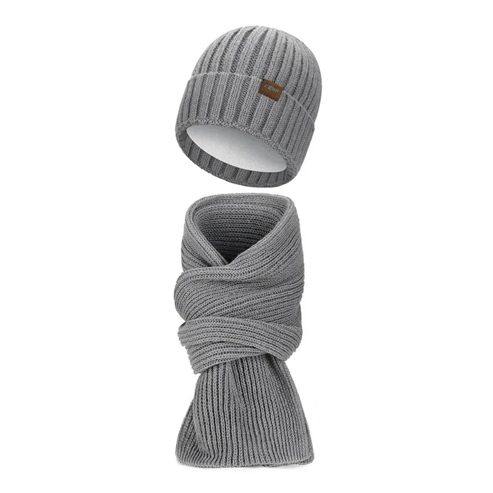 

2Pcs Set Fashion Windproof Knitted Hat Scarf Thicken Plush Men's Hat Simple Soft Warm Scarf Outdoor