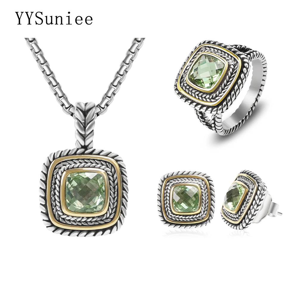 YYSuniee 7mm Cubic Zirconia Women's Jewelry Set 18k Gold-Plated Two-Color Wheat Thread Earrings Pendant Ring Set Birthday Gift