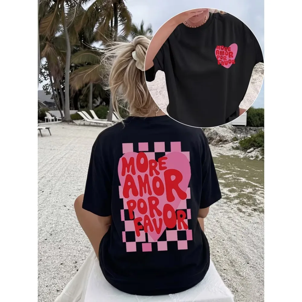 Women's T-shirt More Amor Por Favor Heart Checkerboard Print Casual Loose T Shirt Streetwear Daily Wear Durable Casual T Shirt