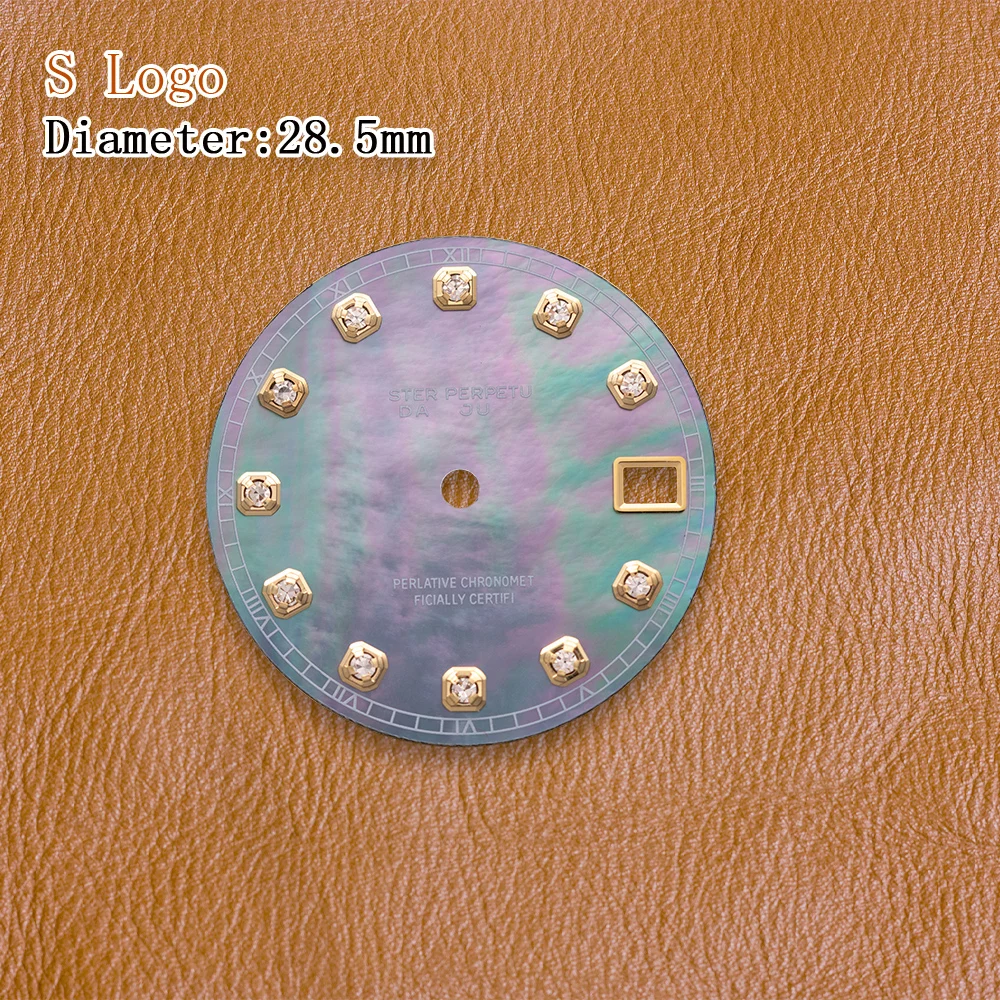 28.5mm S Logo NH35 Diamond dial Colour Mother pearl Dial Fit NH36 Movement Green Luminous Watch Modification Accessories view 6
