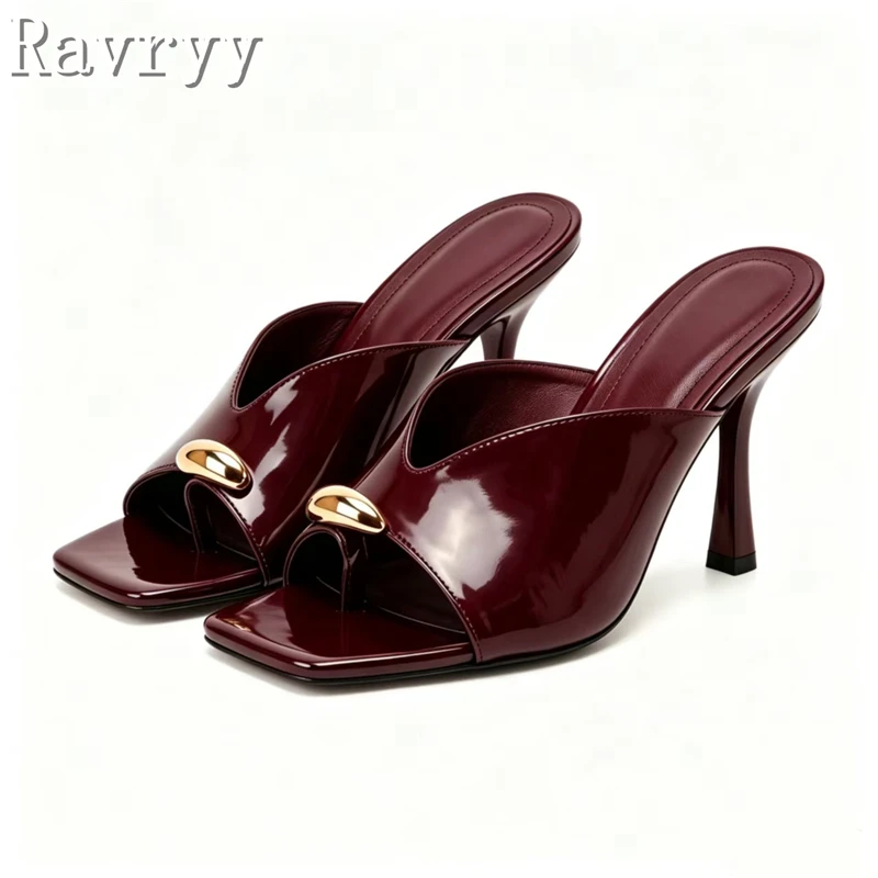 Women New Square Toe Flip Flops High Heel Slides Sandals Luxury Gold Metal Decor Stiletto Slippers Party Evening Dress Shoes
