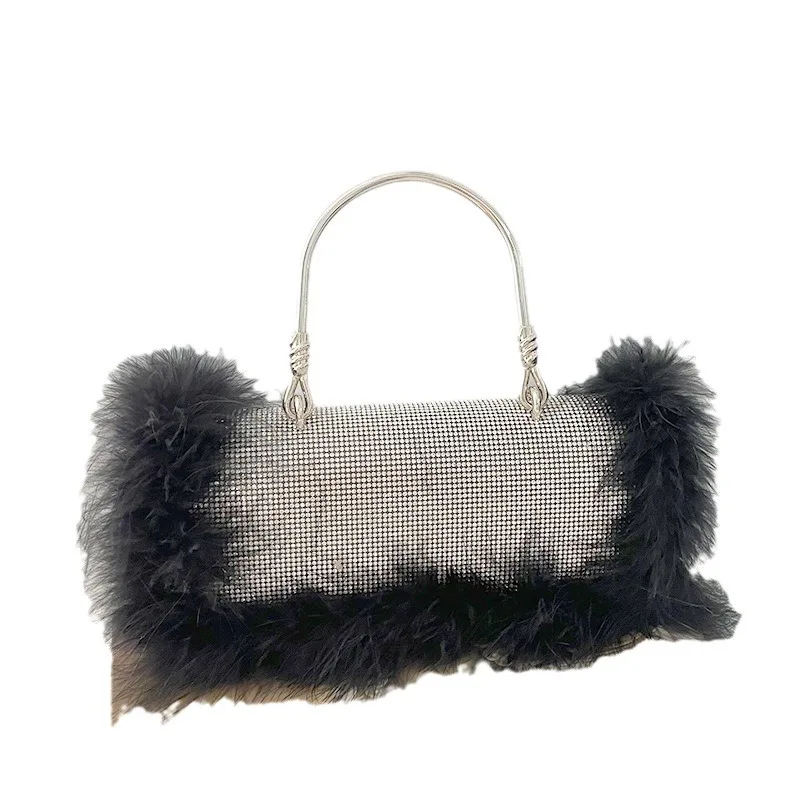 

Fashion Ostrich Faux Fur Feather Tote Bag Ladies Shiny Diamond Dinner Party Wedding Tote Bag